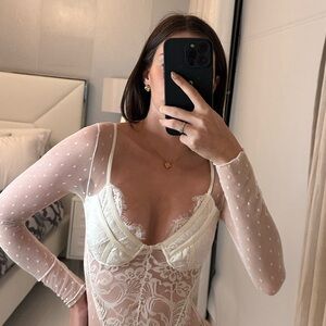 White Plunge Neckline Bodysuit with Pink Puff Sleeves